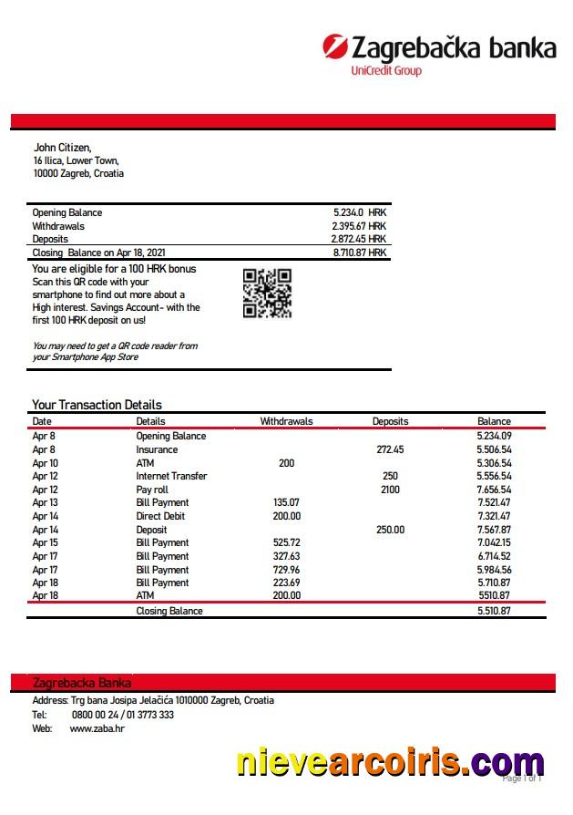Croatia Zagrebačka Bank statement